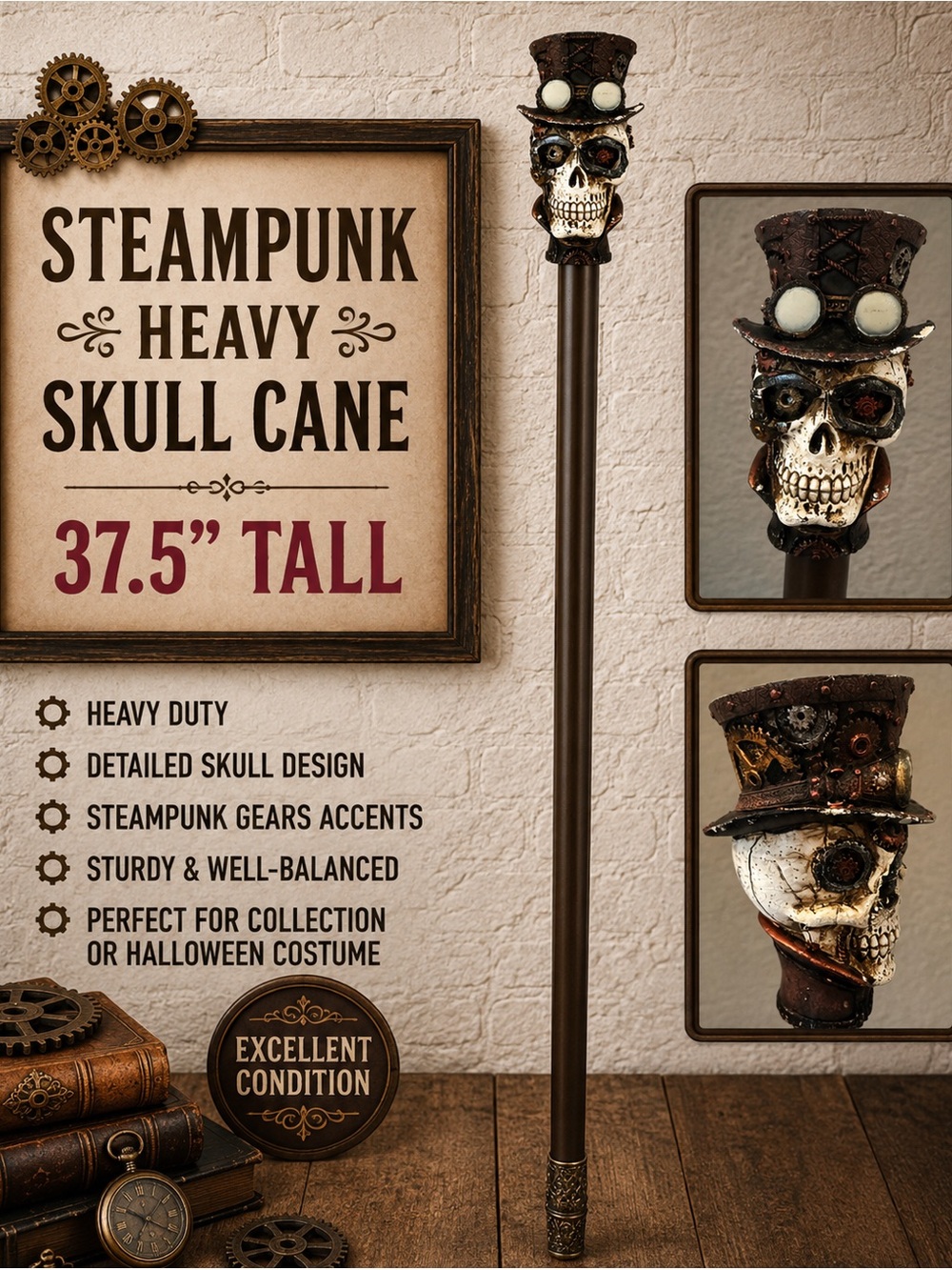💀 Steampunk Heavy Duty Skull Cane 37.5” Halloween Costume Cosplay Prop ⚙️